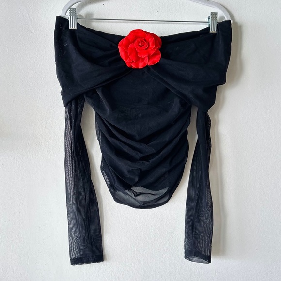 AMANDA UPRICHARD X Revolve Nellia Blouse Y2K Sheer Mesh 3D Rosette Top - Picture 6 of 16